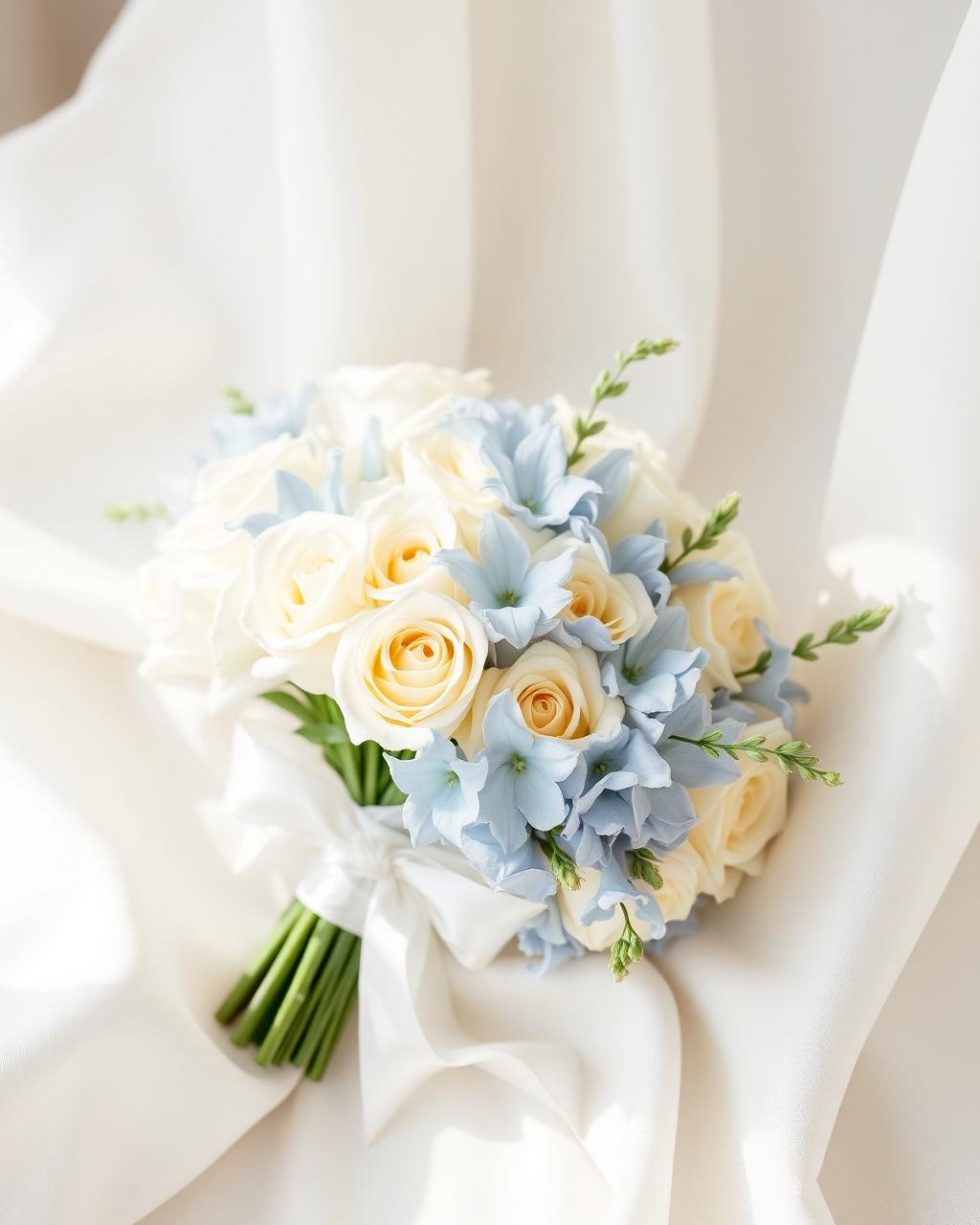 Bridal bouquet of ivory roses and pale blue blooms on ivory silk