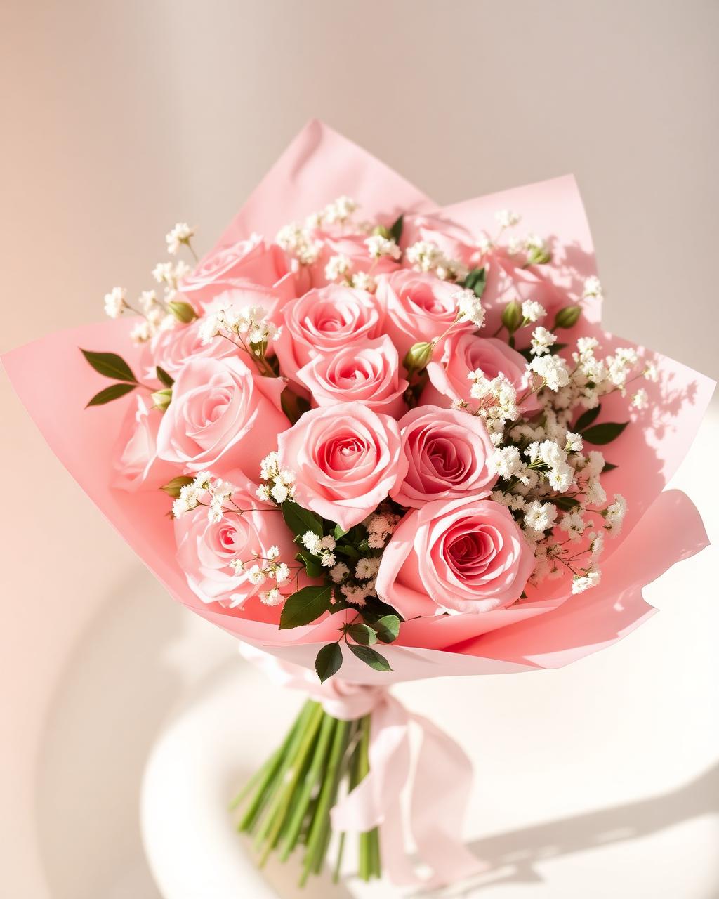 Freestyle bouquet of roses, carnations and gypsophila in blush pink wrapping