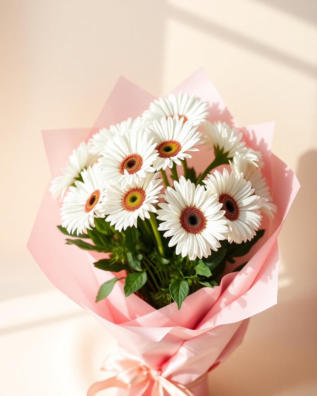 Bouquet of white gerbera daisies in soft pink wrapping
