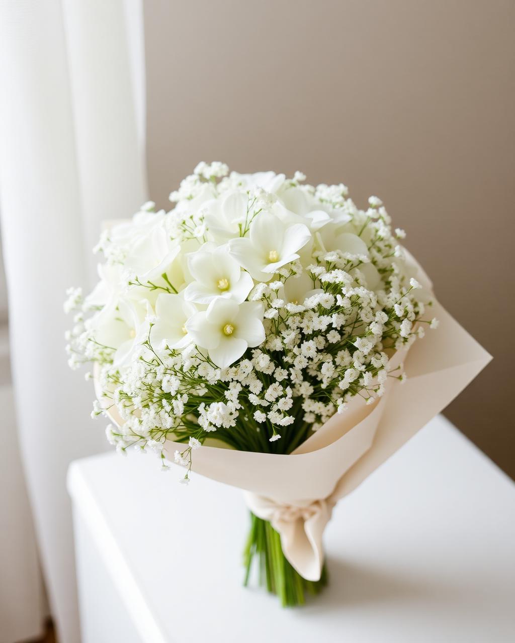 Wedding-style bouquet of white blooms and gypsophila