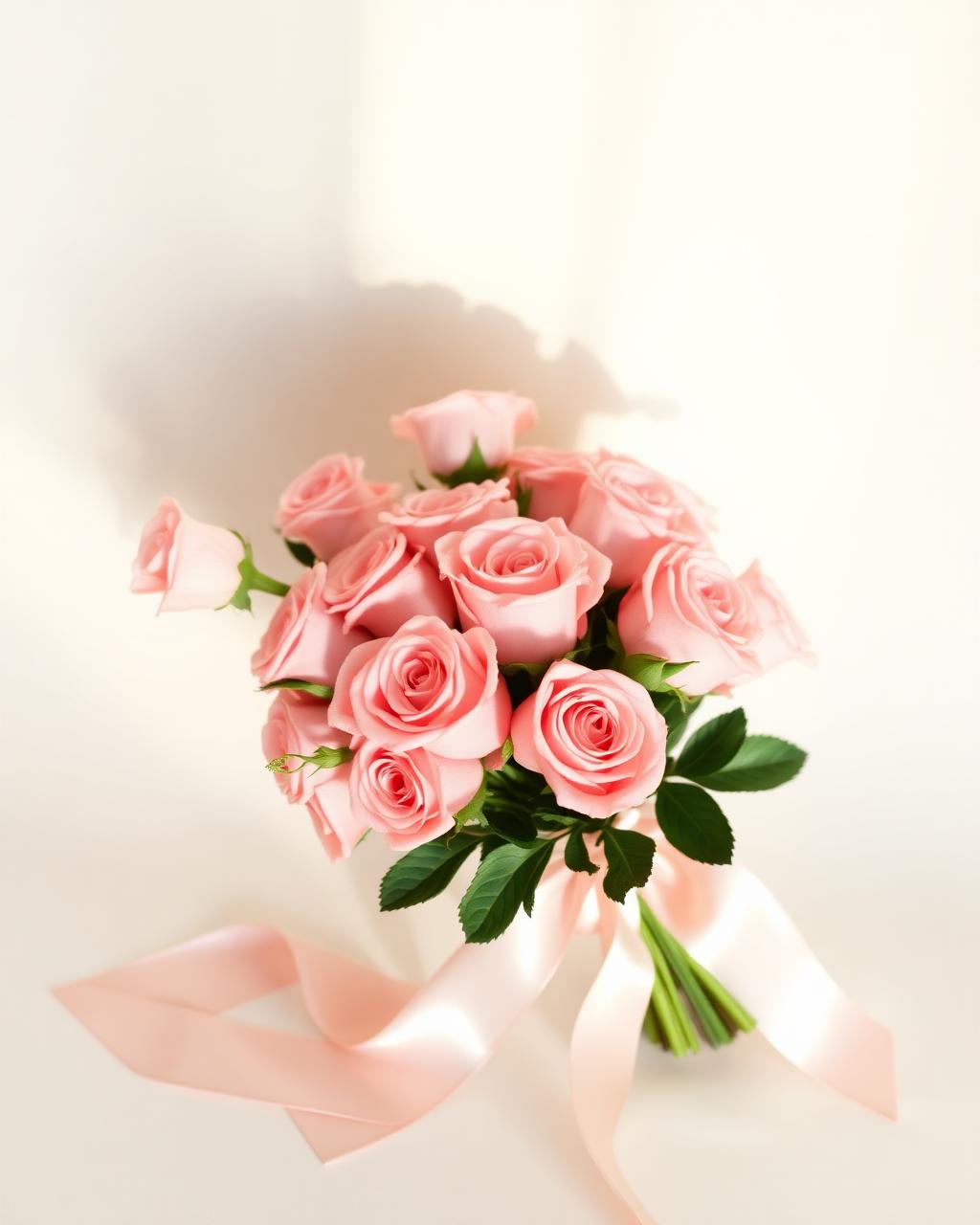 Blush pink wrapped bouquet tied with a satin ribbon