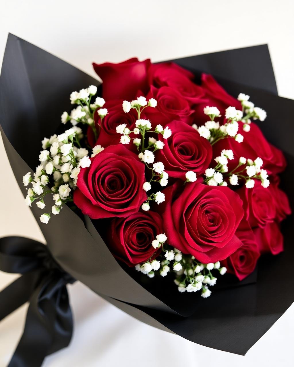 Deep red rose bouquet with gypsophila, wrapped in black paper with a satin ribbon
