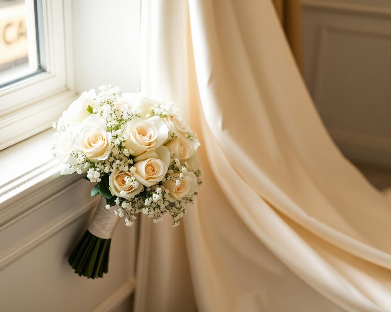 Ivory rose and gypsophila bridal bouquet beside silk fabric
