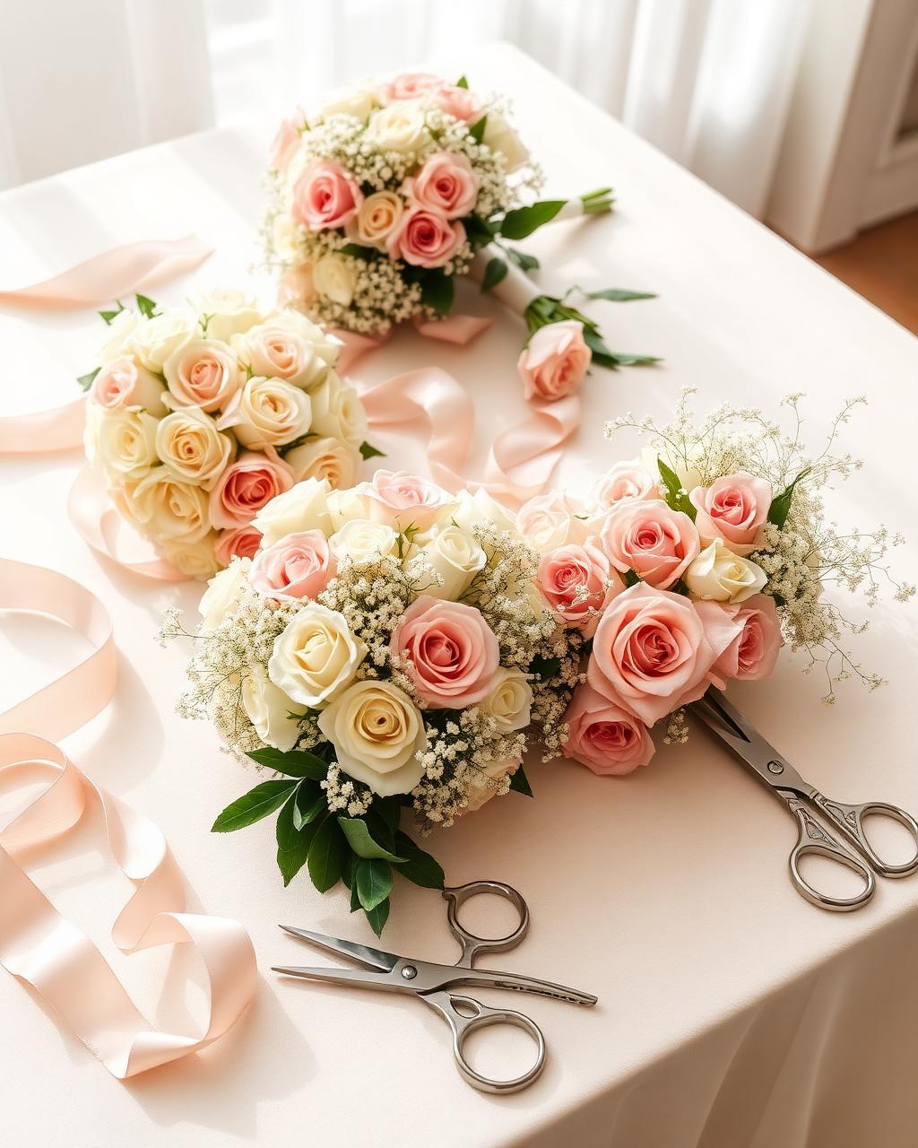 Bouquet-making table set with roses, gypsophila, ribbon and shears