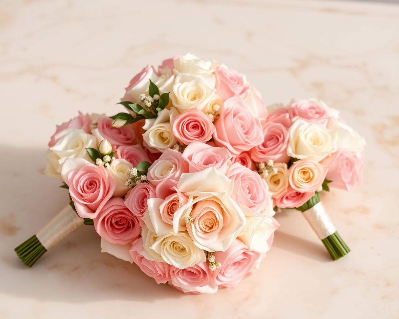 Matching blush and ivory bridesmaid bouquets on cream marble