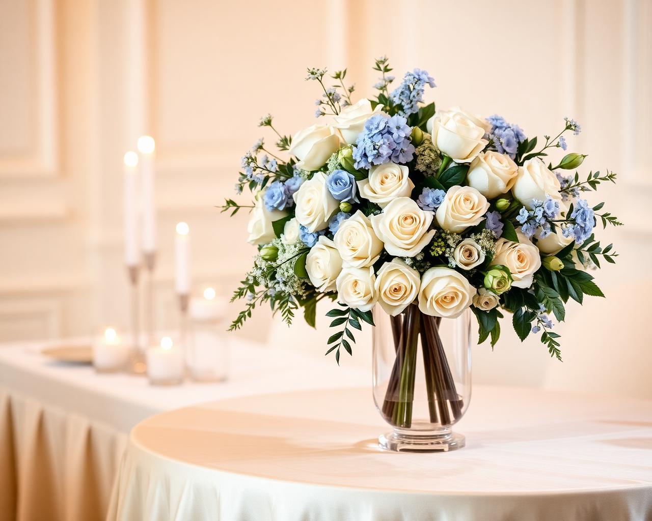 Ivory and pale blue floral centrepiece on a candlelit table