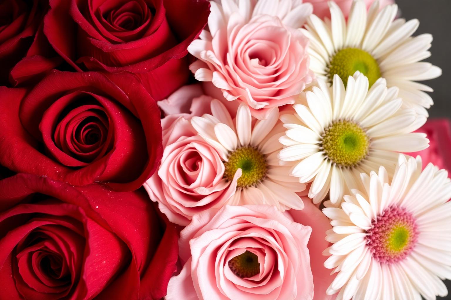 Close-up of a Reena's Roses bouquet with roses, carnations and daisies