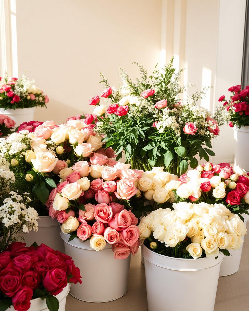 Buckets of roses and seasonal blooms prepared by Reena's Roses