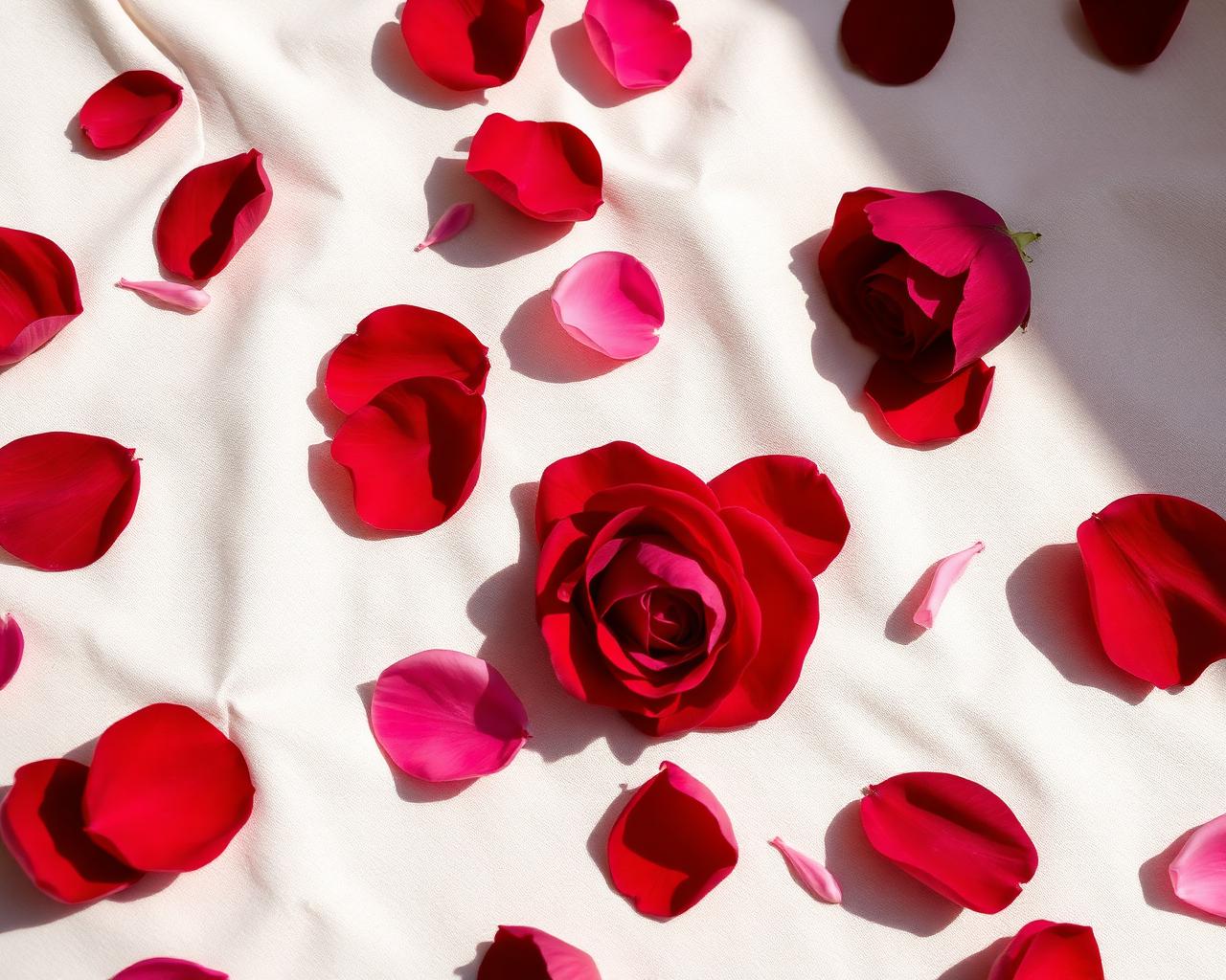 Red rose petals scattered on cream linen