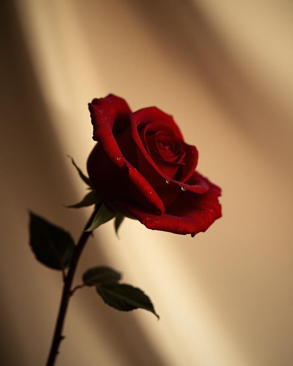A single deep red rose in soft light