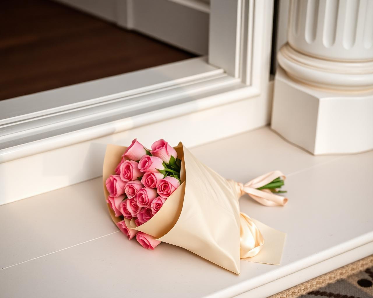 Wrapped pink rose bouquet left on a doorstep as a gift